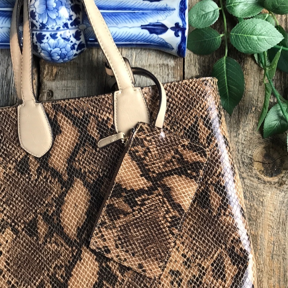 Charming Charlie Brown Snakeskin Tote with Wristlet and Strap